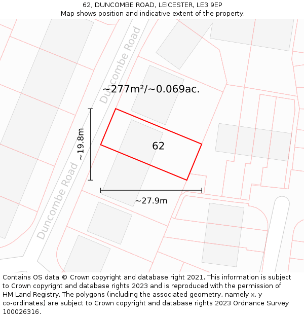 62, DUNCOMBE ROAD, LEICESTER, LE3 9EP: Plot and title map