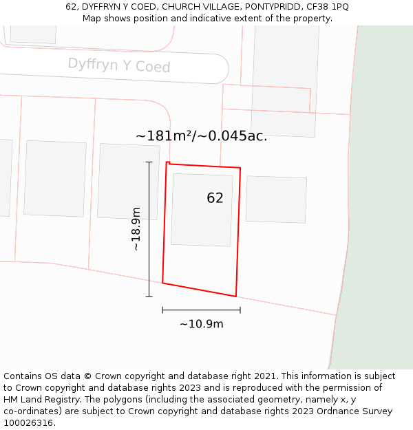 62, DYFFRYN Y COED, CHURCH VILLAGE, PONTYPRIDD, CF38 1PQ: Plot and title map