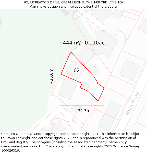 62, FAYREWOOD DRIVE, GREAT LEIGHS, CHELMSFORD, CM3 1GY: Plot and title map