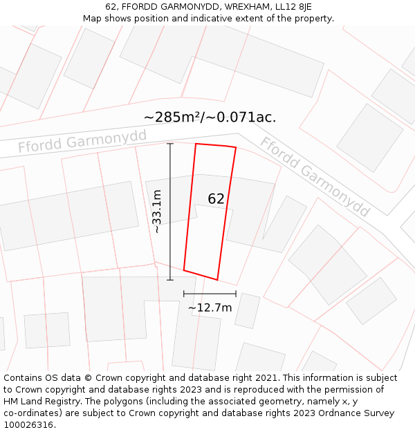 62, FFORDD GARMONYDD, WREXHAM, LL12 8JE: Plot and title map