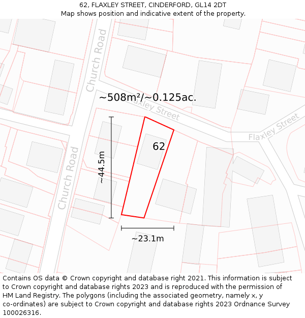 62, FLAXLEY STREET, CINDERFORD, GL14 2DT: Plot and title map