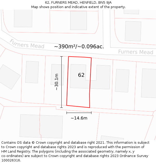 62, FURNERS MEAD, HENFIELD, BN5 9JA: Plot and title map