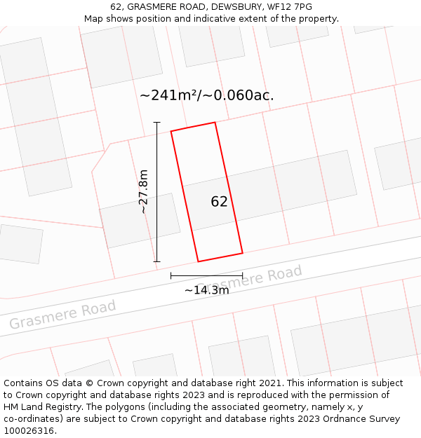 62, GRASMERE ROAD, DEWSBURY, WF12 7PG: Plot and title map