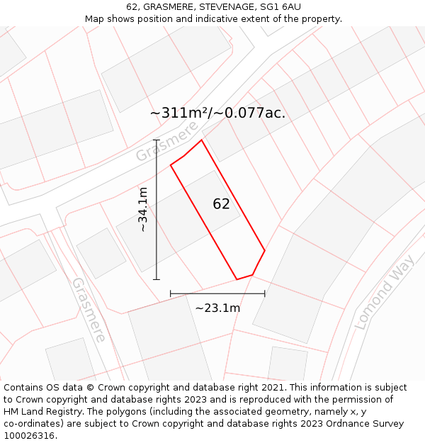 62, GRASMERE, STEVENAGE, SG1 6AU: Plot and title map