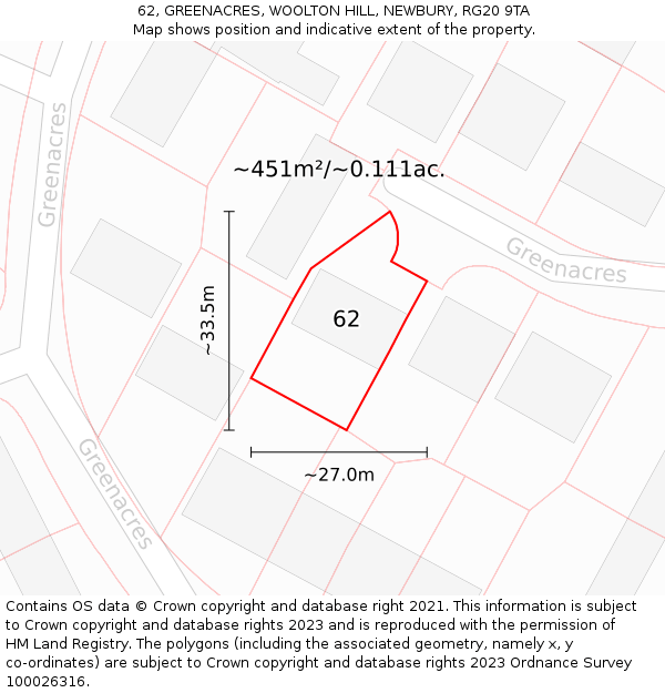 62, GREENACRES, WOOLTON HILL, NEWBURY, RG20 9TA: Plot and title map