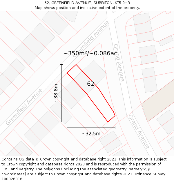 62, GREENFIELD AVENUE, SURBITON, KT5 9HR: Plot and title map