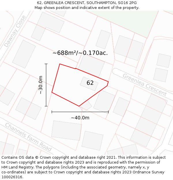 62, GREENLEA CRESCENT, SOUTHAMPTON, SO16 2PG: Plot and title map
