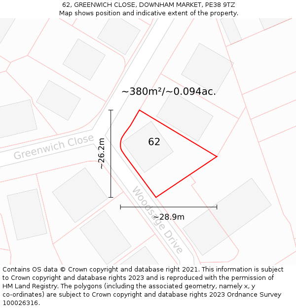 62, GREENWICH CLOSE, DOWNHAM MARKET, PE38 9TZ: Plot and title map