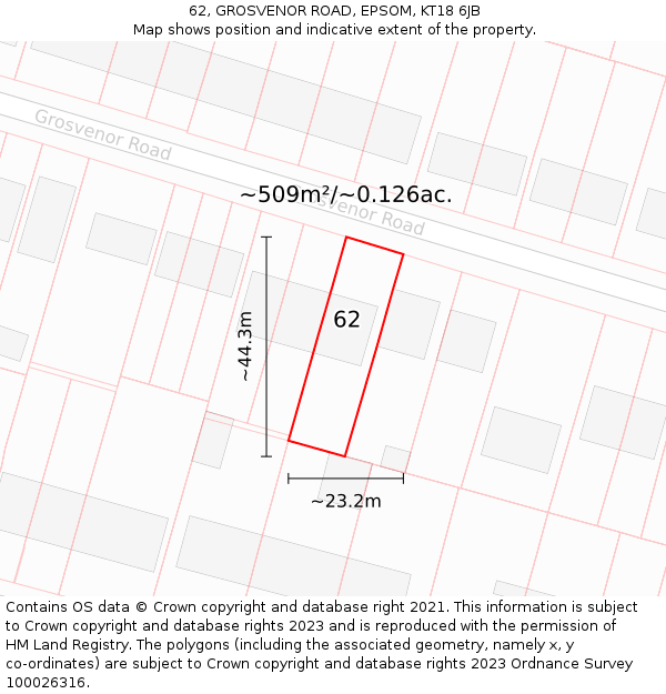 62, GROSVENOR ROAD, EPSOM, KT18 6JB: Plot and title map