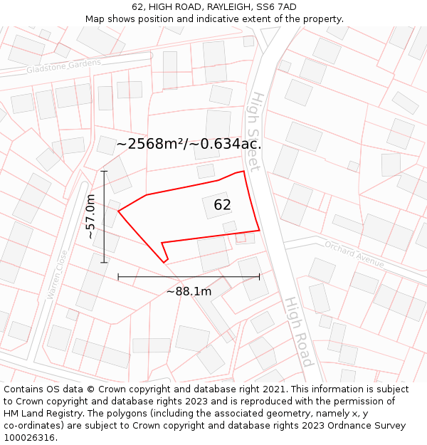 62, HIGH ROAD, RAYLEIGH, SS6 7AD: Plot and title map