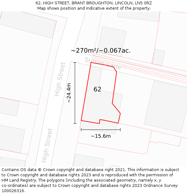 62, HIGH STREET, BRANT BROUGHTON, LINCOLN, LN5 0RZ: Plot and title map