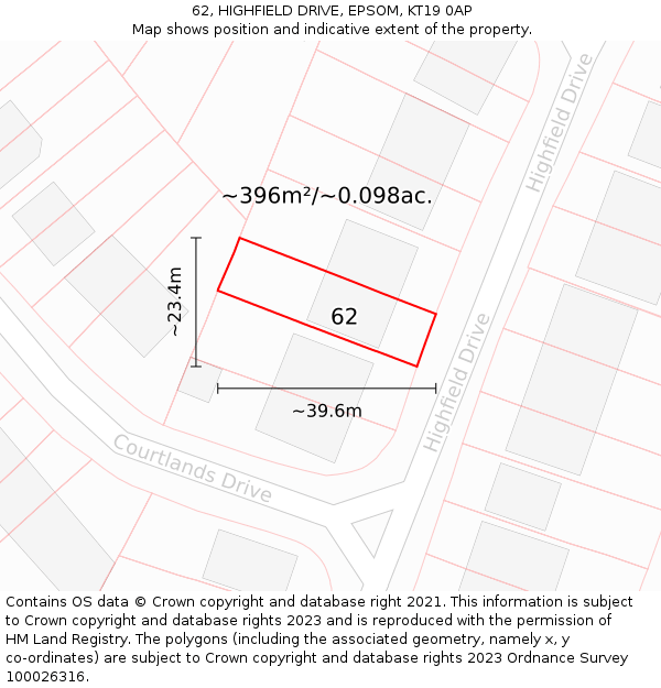 62, HIGHFIELD DRIVE, EPSOM, KT19 0AP: Plot and title map