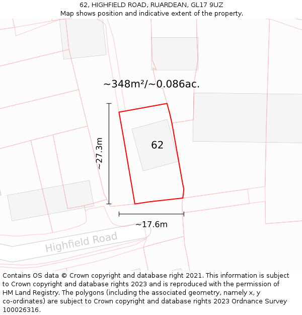 62, HIGHFIELD ROAD, RUARDEAN, GL17 9UZ: Plot and title map