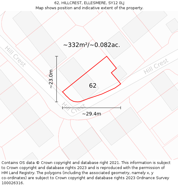 62, HILLCREST, ELLESMERE, SY12 0LJ: Plot and title map