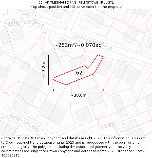 62, HINTLESHAM DRIVE, FELIXSTOWE, IP11 2YL: Plot and title map