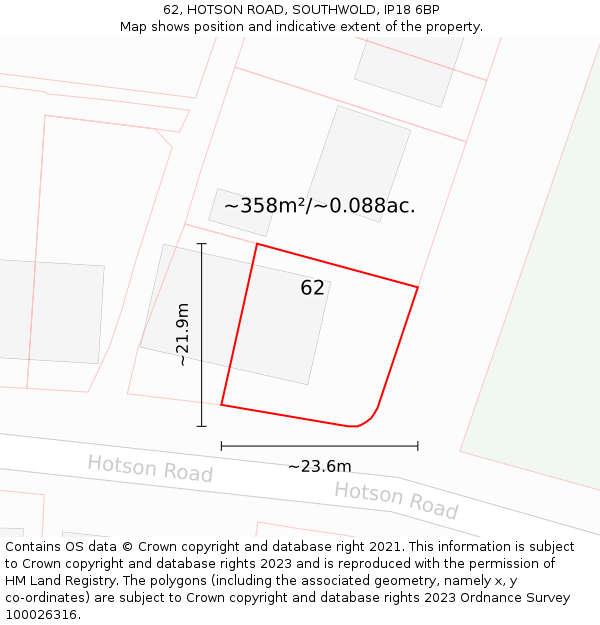 62, HOTSON ROAD, SOUTHWOLD, IP18 6BP: Plot and title map