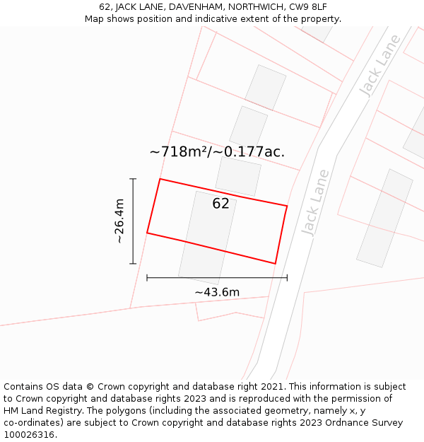 62, JACK LANE, DAVENHAM, NORTHWICH, CW9 8LF: Plot and title map