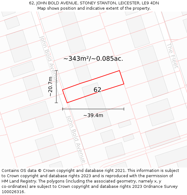 62, JOHN BOLD AVENUE, STONEY STANTON, LEICESTER, LE9 4DN: Plot and title map