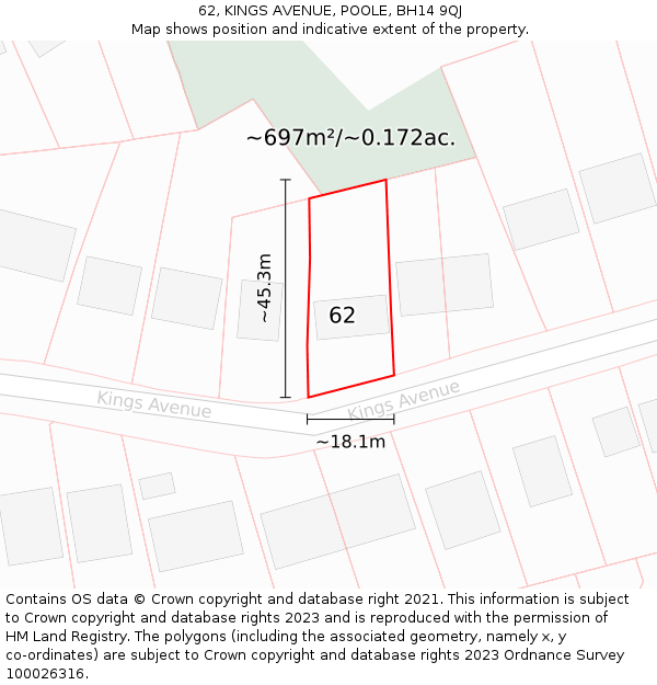 62, KINGS AVENUE, POOLE, BH14 9QJ: Plot and title map