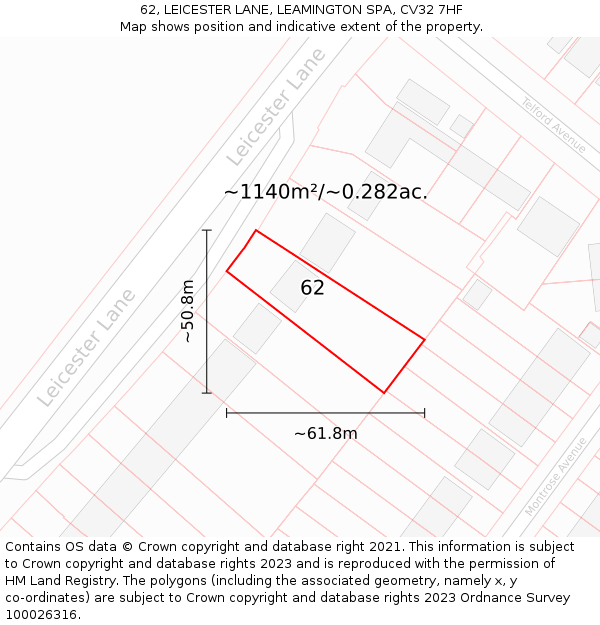 62, LEICESTER LANE, LEAMINGTON SPA, CV32 7HF: Plot and title map