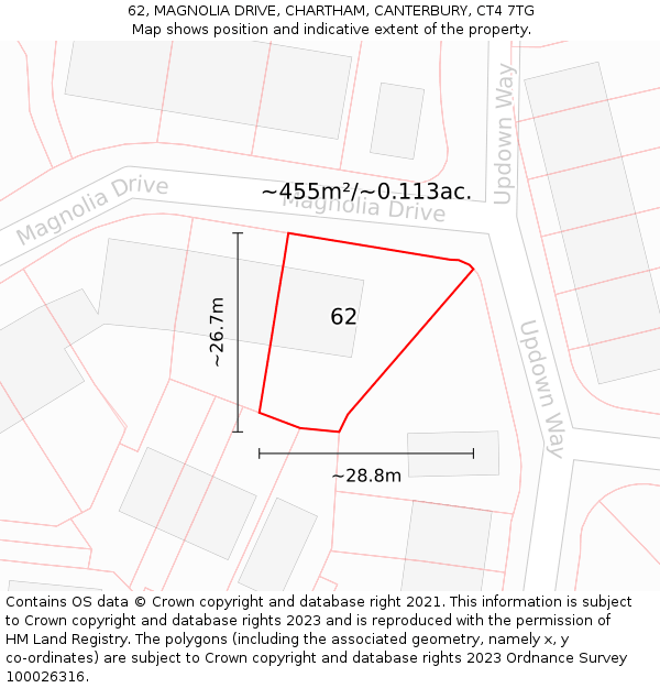 62, MAGNOLIA DRIVE, CHARTHAM, CANTERBURY, CT4 7TG: Plot and title map