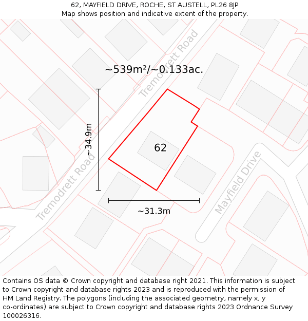 62, MAYFIELD DRIVE, ROCHE, ST AUSTELL, PL26 8JP: Plot and title map