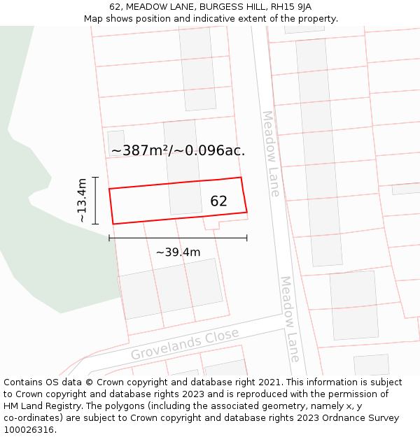 62, MEADOW LANE, BURGESS HILL, RH15 9JA: Plot and title map