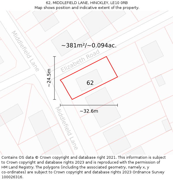 62, MIDDLEFIELD LANE, HINCKLEY, LE10 0RB: Plot and title map