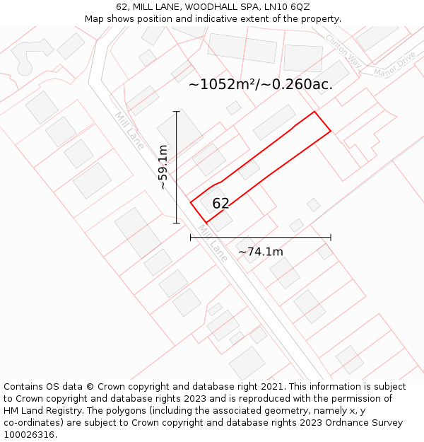 62, MILL LANE, WOODHALL SPA, LN10 6QZ: Plot and title map