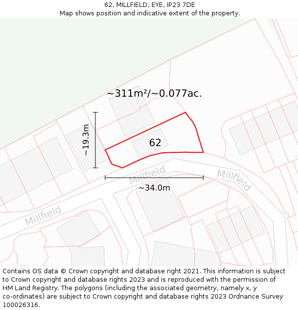 62, MILLFIELD, EYE, IP23 7DE: Plot and title map