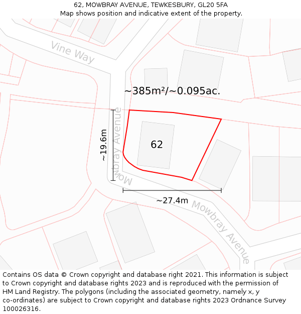 62, MOWBRAY AVENUE, TEWKESBURY, GL20 5FA: Plot and title map