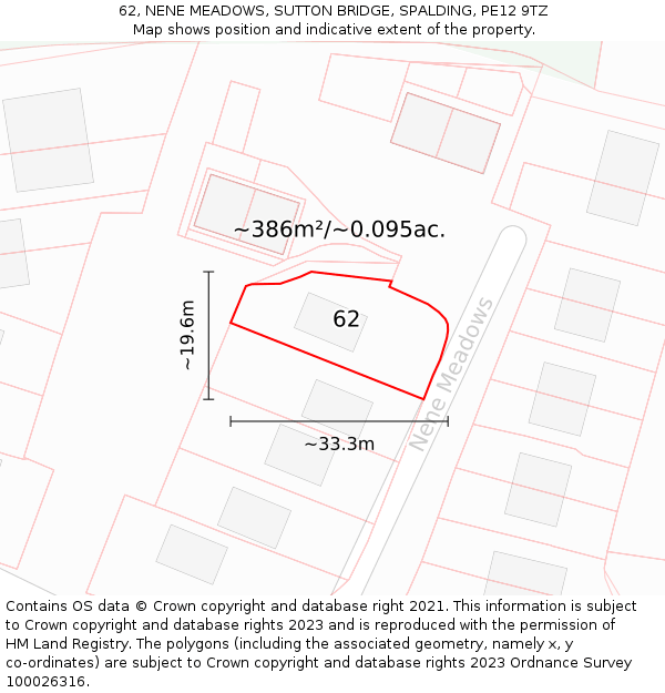 62, NENE MEADOWS, SUTTON BRIDGE, SPALDING, PE12 9TZ: Plot and title map