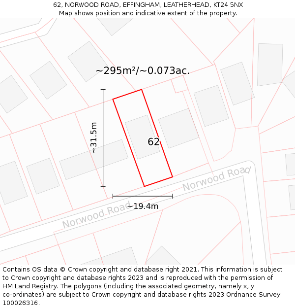 62, NORWOOD ROAD, EFFINGHAM, LEATHERHEAD, KT24 5NX: Plot and title map