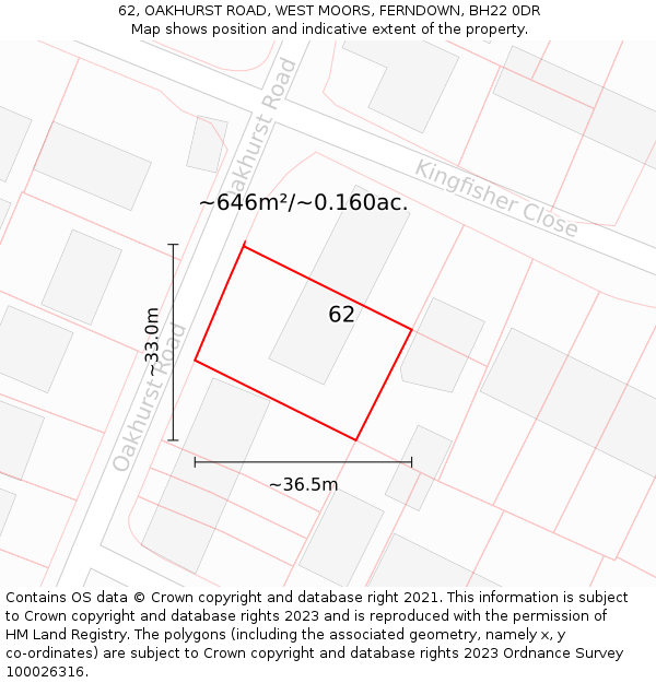 62, OAKHURST ROAD, WEST MOORS, FERNDOWN, BH22 0DR: Plot and title map