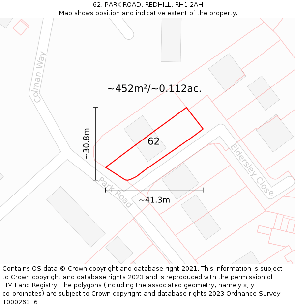 62, PARK ROAD, REDHILL, RH1 2AH: Plot and title map