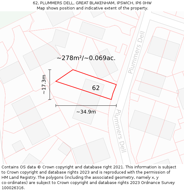 62, PLUMMERS DELL, GREAT BLAKENHAM, IPSWICH, IP6 0HW: Plot and title map