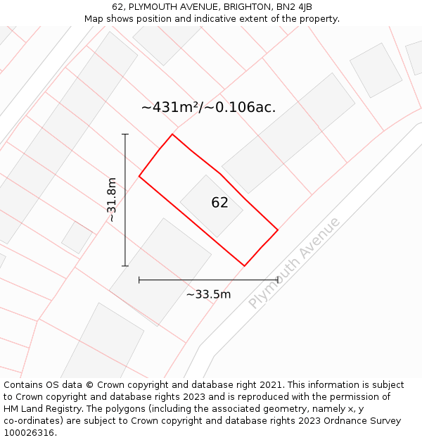62, PLYMOUTH AVENUE, BRIGHTON, BN2 4JB: Plot and title map