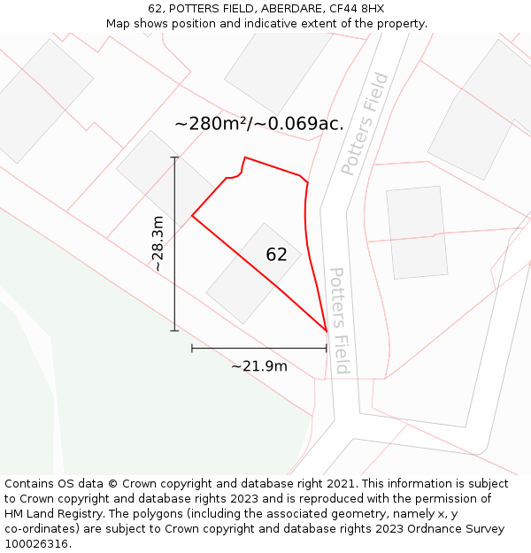 62, POTTERS FIELD, ABERDARE, CF44 8HX: Plot and title map