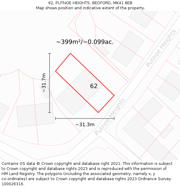 62, PUTNOE HEIGHTS, BEDFORD, MK41 8EB: Plot and title map