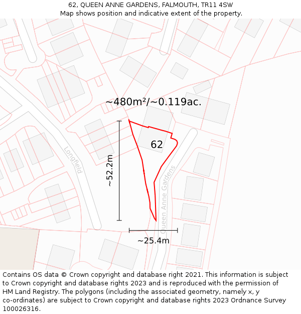 62, QUEEN ANNE GARDENS, FALMOUTH, TR11 4SW: Plot and title map