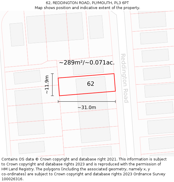62, REDDINGTON ROAD, PLYMOUTH, PL3 6PT: Plot and title map