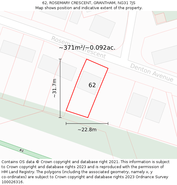 62, ROSEMARY CRESCENT, GRANTHAM, NG31 7JS: Plot and title map