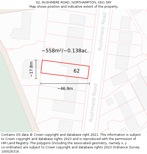 62, RUSHMERE ROAD, NORTHAMPTON, NN1 5RY: Plot and title map