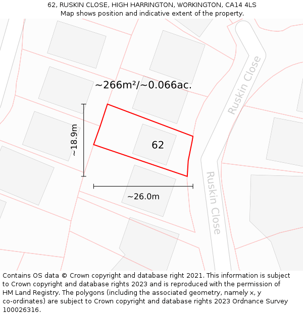 62, RUSKIN CLOSE, HIGH HARRINGTON, WORKINGTON, CA14 4LS: Plot and title map