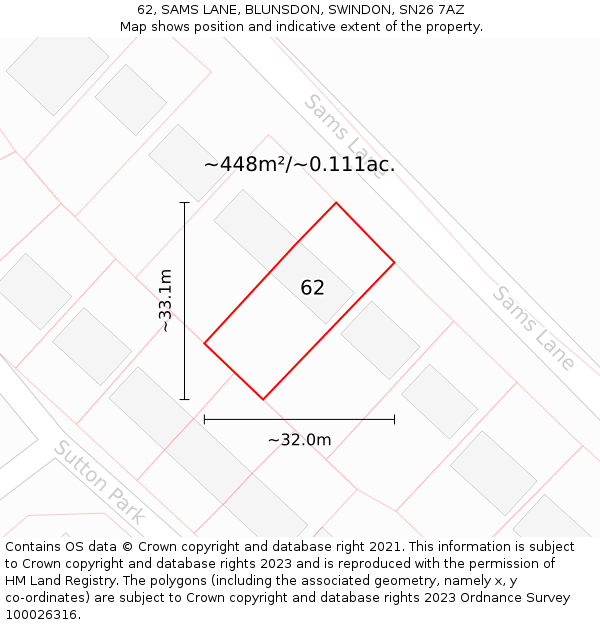 62, SAMS LANE, BLUNSDON, SWINDON, SN26 7AZ: Plot and title map