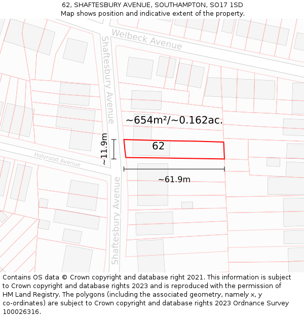 62, SHAFTESBURY AVENUE, SOUTHAMPTON, SO17 1SD: Plot and title map