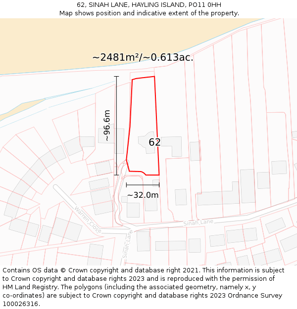 62, SINAH LANE, HAYLING ISLAND, PO11 0HH: Plot and title map