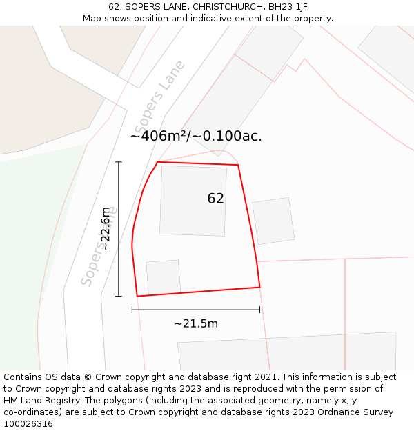 62, SOPERS LANE, CHRISTCHURCH, BH23 1JF: Plot and title map