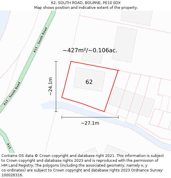 62, SOUTH ROAD, BOURNE, PE10 0DX: Plot and title map