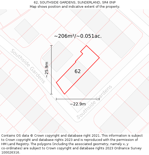 62, SOUTHSIDE GARDENS, SUNDERLAND, SR4 0NP: Plot and title map